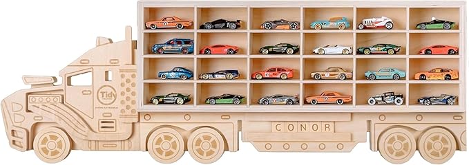 Wood Toy Car Storage Organizer – Holds Diecast Cars – Freestanding or Wall Display – Compatible with Matchbox & Hot Wheels