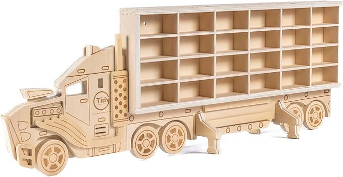 Wood Toy Car Storage Organizer – Holds Diecast Cars – Freestanding or Wall Display – Compatible with Matchbox & Hot Wheels