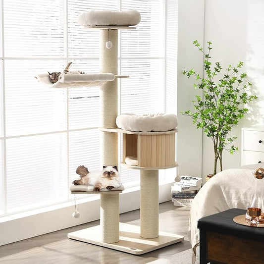 Large cat tree, multi-level high cat tower with sisal scratching post